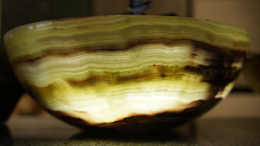 Onyx bowl, lit. A turned green onyx bowl with a light inside.