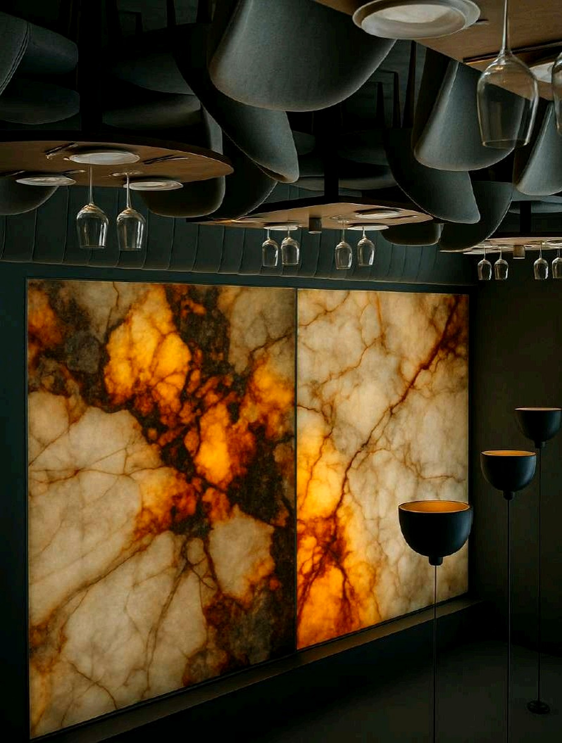 Backlit onyx feature wall glowing amber